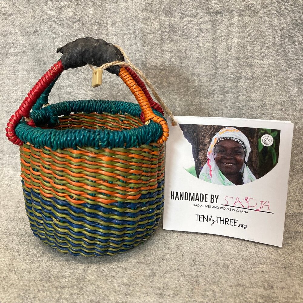 Ghana Bolga Basket Mini Tiny Gratitude Small Multicolor Handmade Leather Handle